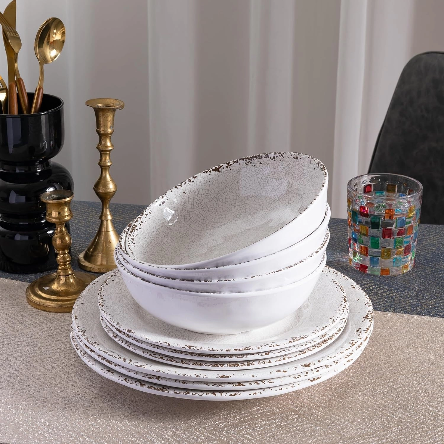 Farmhouse Melamine Dinnerware Sets,12 Pieces Dishes Dinnerware Set,Service for 4 Lightweight Kitchen Plates and Bowls Sets, Great for Casual dining and Outdoor Parties Camping or RVs, White