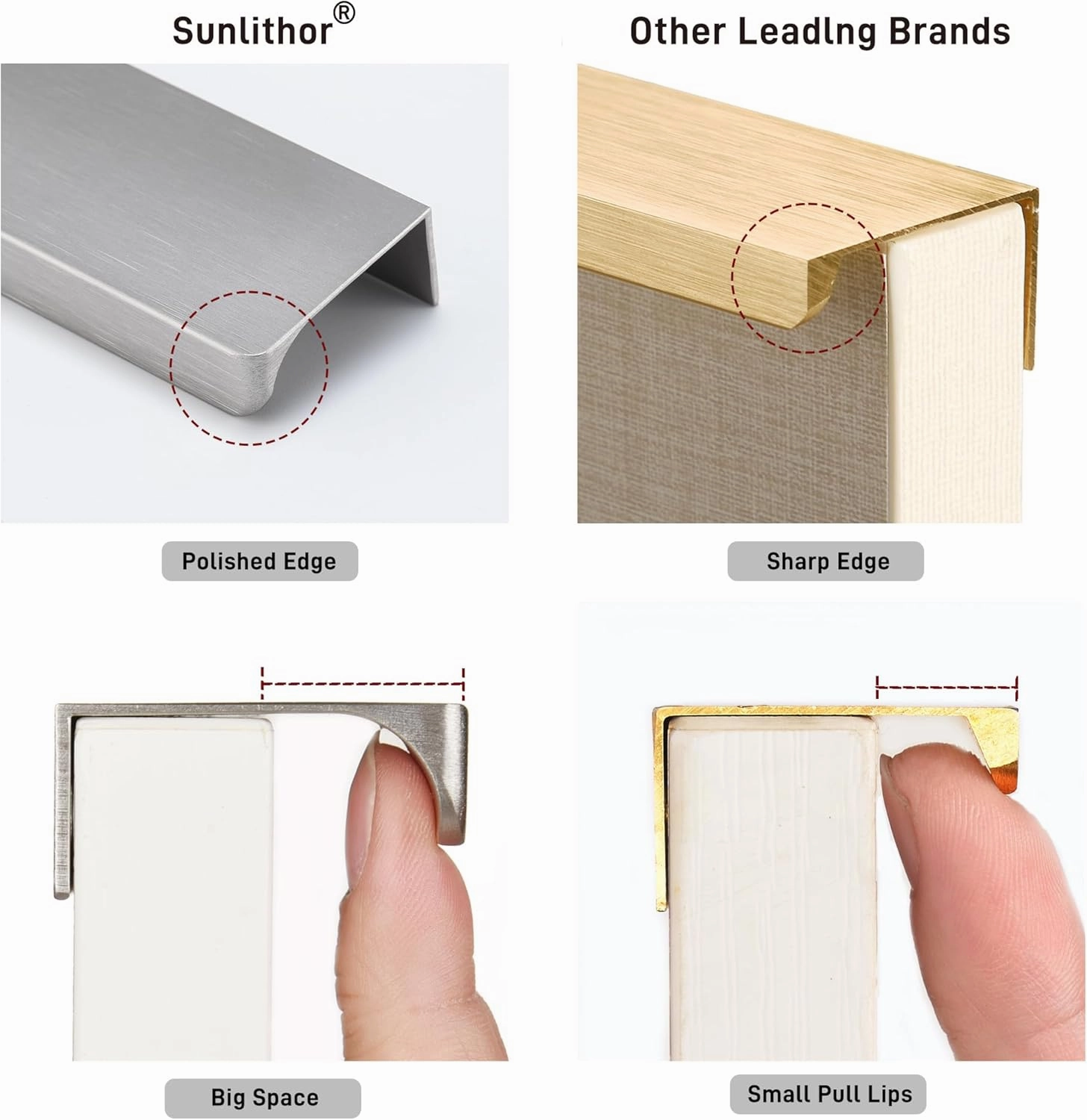 Finger Pull for Cabinets Kitchen Drawer knobs Low Profile Door Dresser Bathroom Long Cupboard Cabinet Pulls Handles Aluminum 6 Pack Brushed Nickel 3.15" Easy Installation