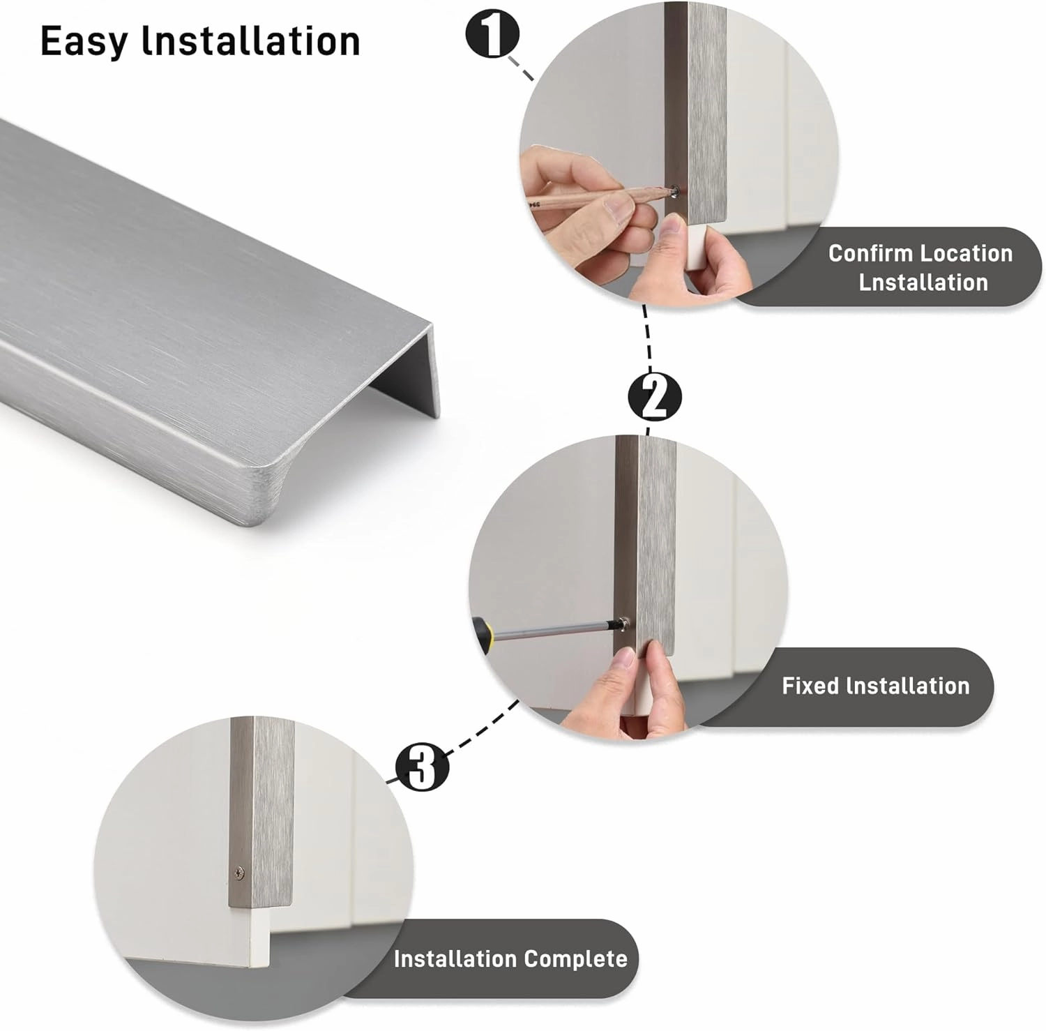 Finger Pull for Cabinets Kitchen Drawer knobs Low Profile Door Dresser Bathroom Long Cupboard Cabinet Pulls Handles Aluminum 6 Pack Brushed Nickel 3.15" Easy Installation