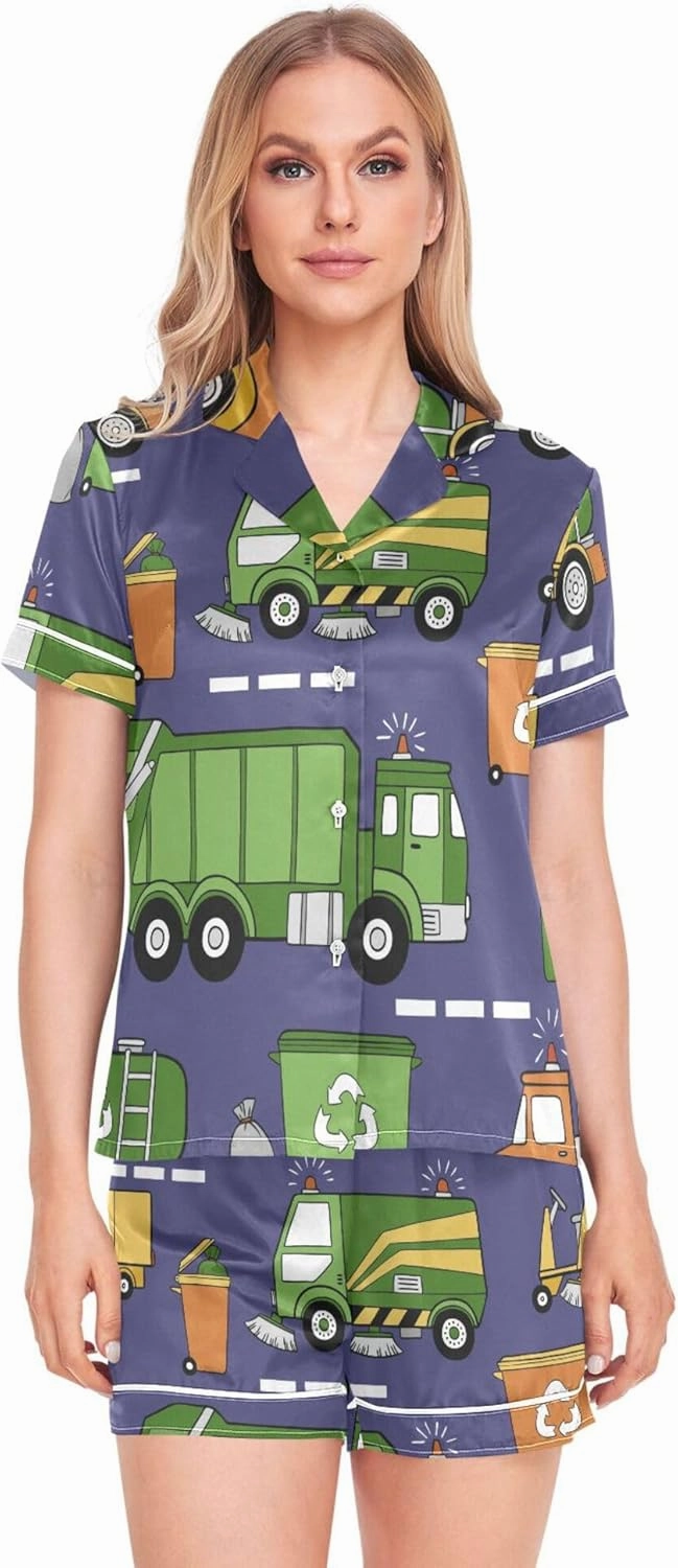 Fisyme Pajama Sets for Women 2 Piece Short Sleeve Button Down Soft Satin Pj Set Sleepwear Loungewear Bride Sets
