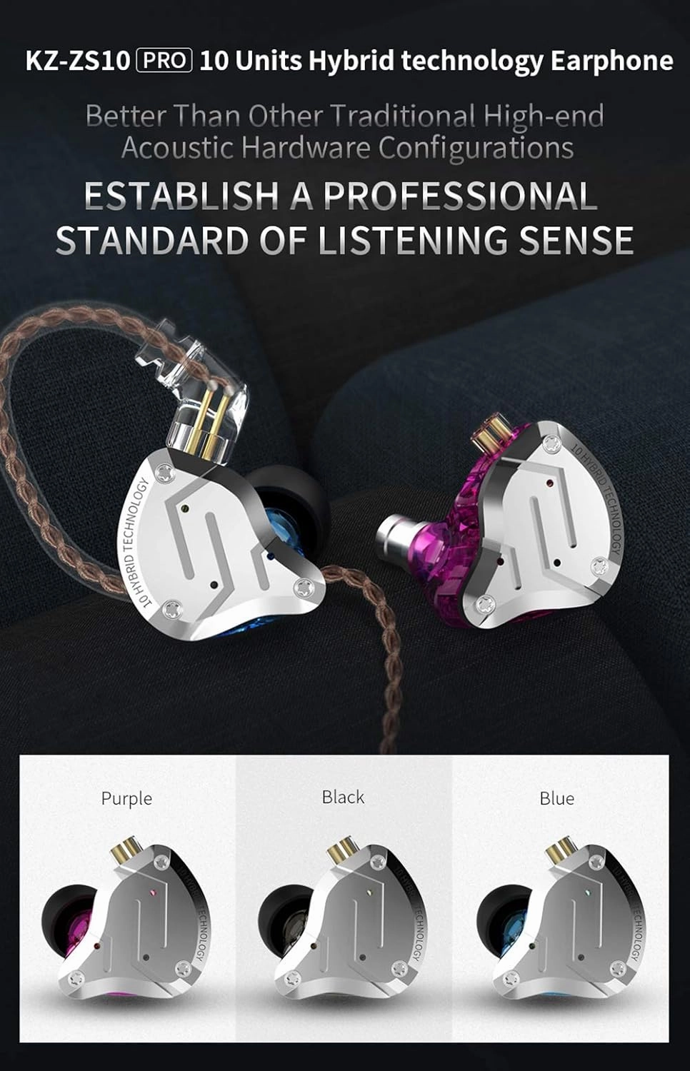 Five Driver Headphones,KZ ZS10 PRO High Fidelity Noise-Isolating Earbuds/Earphones with Detachable Cable 2Pin 0.75mm (Without MIC, Purple)