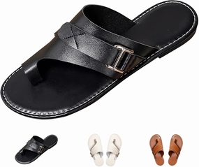 Flat Leather Sandals for Women Dressy Sandals with Open Toe Ring Loop Strap Slip on Slide Slippers Flip Flops