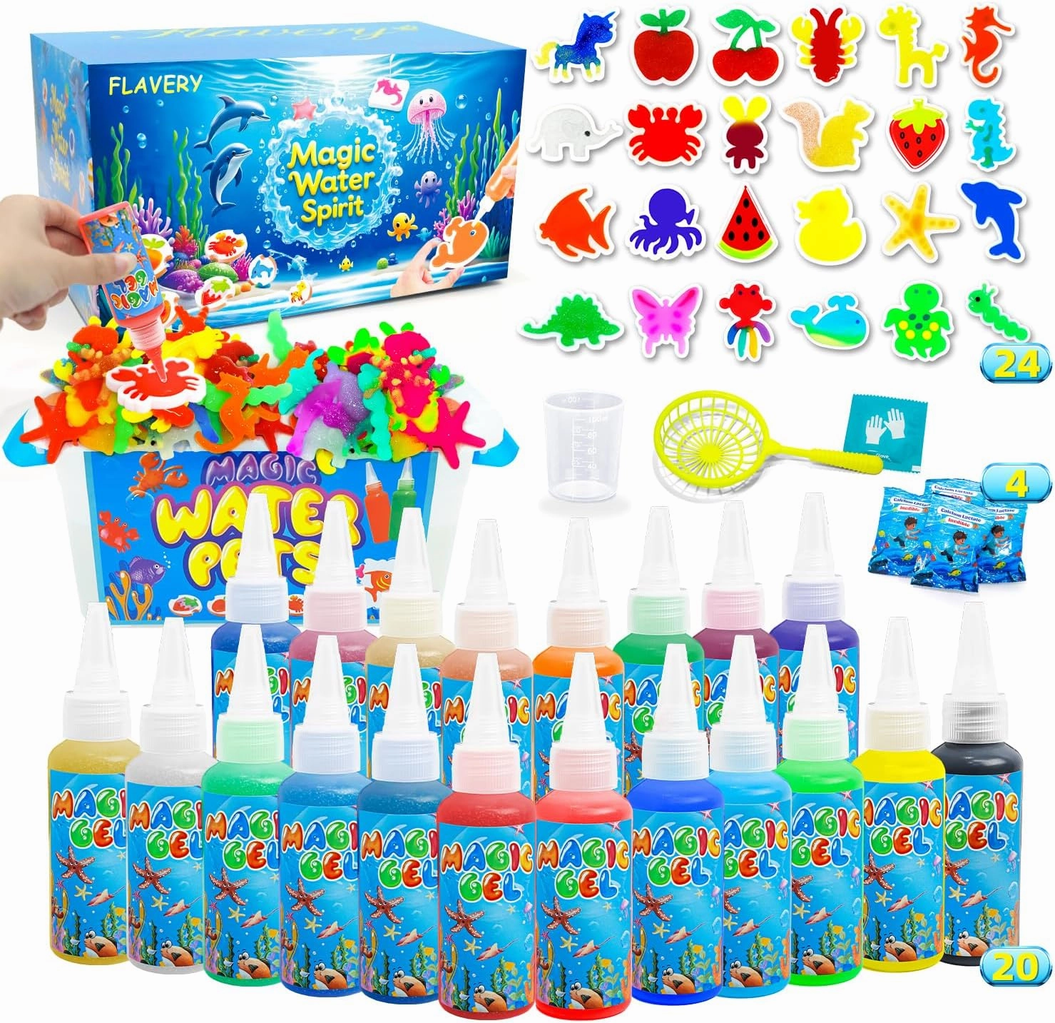 Flavery Magic Water Elf Toy Kit, Fairy Water Gel Kit with 20 Magic Gels and 24 Shape Molds, Craft for Kids, Aqua Squishy DIY Set, Birthday Gifts, Water Pets