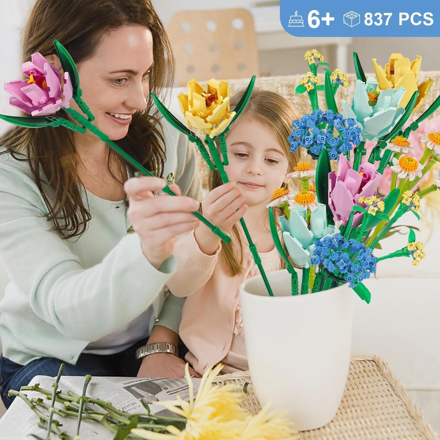 Flower Bouquet Building Blocks Tulips Botanical Collection Bricks Sets Creative Toys Kits Mother's Day Birthday Gifts for Adults Mom Girlfriends Old Kids 8-12, 6-12 (837 PCS)