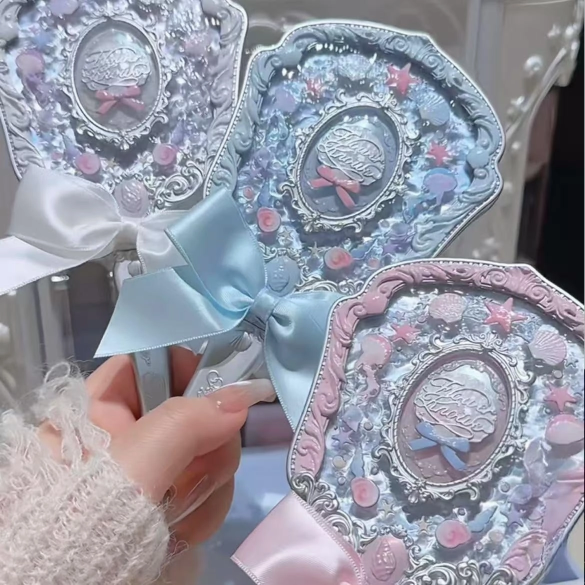 Flower Knows Shell Hand Mirror with Pearl Design Compact Cute Makeup Mirror for Wome (C01)