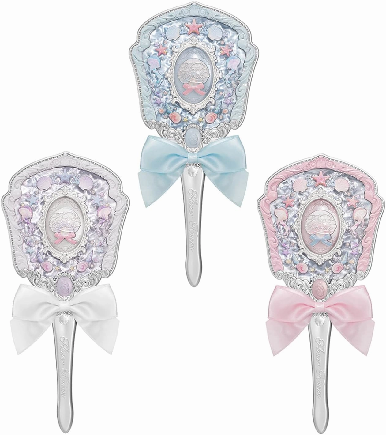 Flower Knows Shell Hand Mirror with Pearl Design Compact Cute Makeup Mirror for Wome (C01)