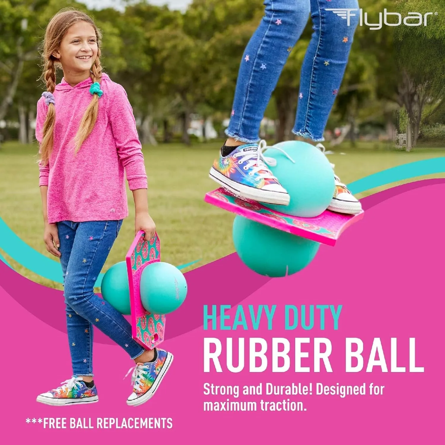 Flybar Pogo Trick Ball for Kids, Bounce Board for Boys and Girls Ages 6 , Up to 160 lbs, Includes Pump, Easy to Carry Handle, Durable Plastic Deck Indoor, Outdoor Toy Pogo Jumper,