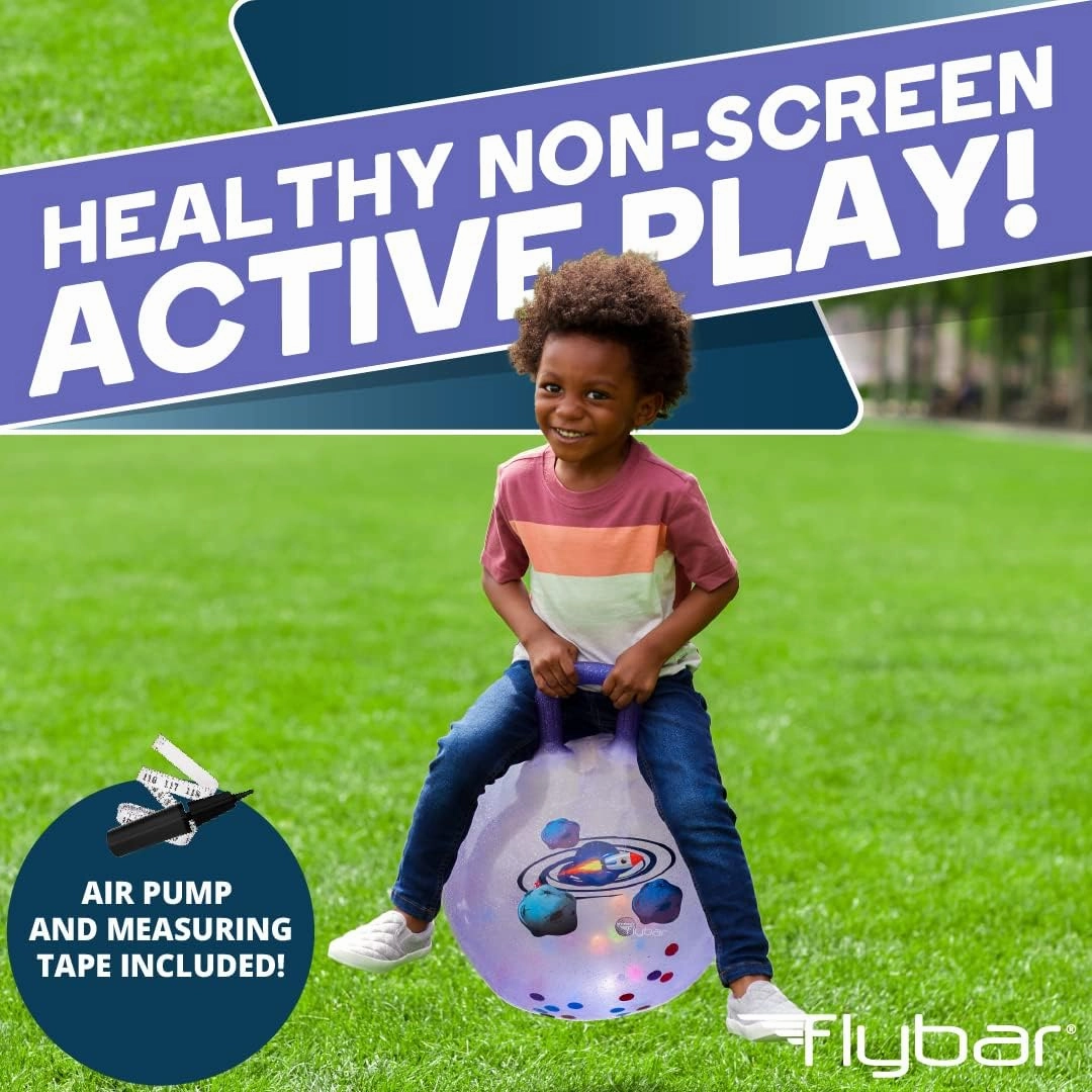 Flybar Hopper Ball for Kids - Bouncy Ball with Handle Durable Bouncy Balls, Kangaroo Ball, Exercise Ball, Indoor and Outdoor Toy, Pump Included, Toddler Toys for Boys and Girls, Ages 3 and Up (Rocket)