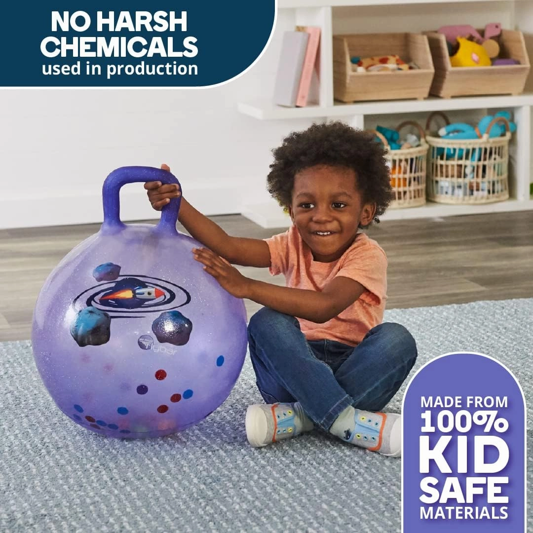 Flybar Hopper Ball for Kids - Bouncy Ball with Handle Durable Bouncy Balls, Kangaroo Ball, Exercise Ball, Indoor and Outdoor Toy, Pump Included, Toddler Toys for Boys and Girls, Ages 3 and Up (Rocket)
