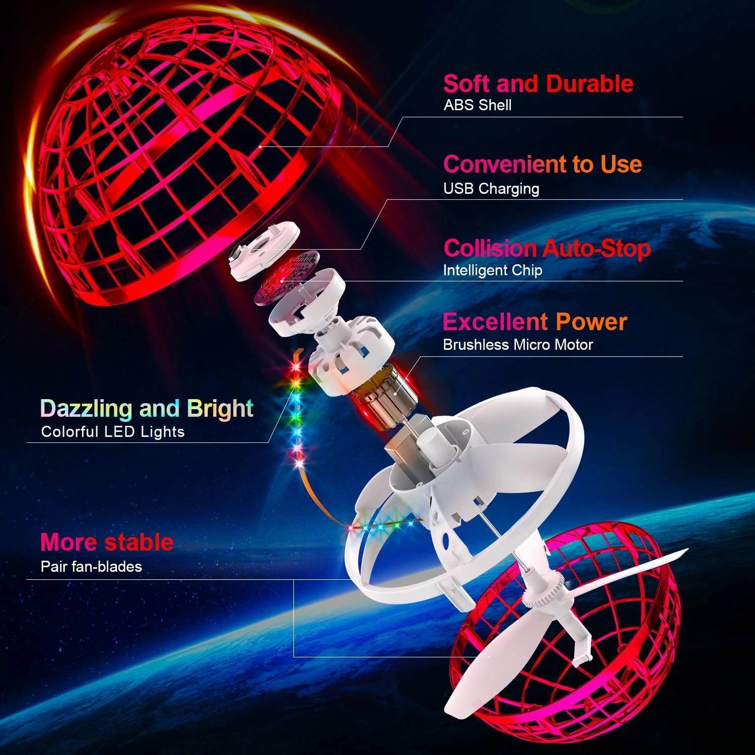 Flying Orb Ball (Red, 2024 Upgraded) with Dazzling Lights, Magic Hover Spinner, Cool Boomerang Drone, Floating Cosmic Globe, Kids Outdoor Toys, for 6 7 8 9 10 Year Old Boys Girls
