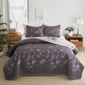 Flysheep Quilt Set 3 Pieces King Size, Black Leaves Botanical Design Reversible Bedspread Coverlet Set, Soft Microfiber Lightweight Bed Cover for All Season (102" x 90", 1 Quilt  2 Pillow Shams)