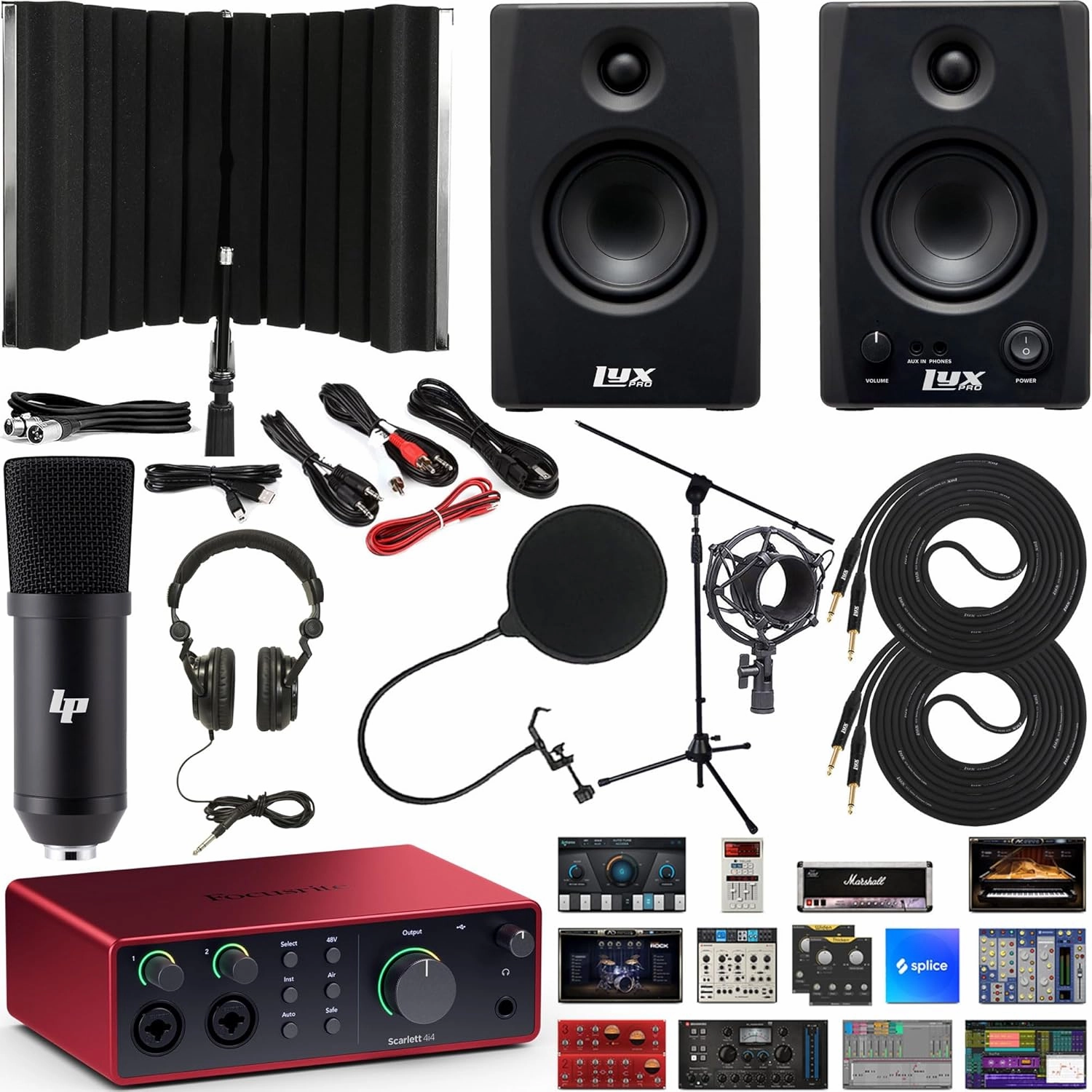 Focusrite Scarlett 4i4 4x4 USB Audio Interface Full Studio Bundle with Download for Creative Music Production Softwar with LyxPro 3.5BT 50W Bluetooth Studio Monitors & Isolation Recording Shield