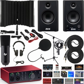 Focusrite Scarlett 4i4 4x4 USB Audio Interface Full Studio Bundle with Download for Creative Music Production Softwar with LyxPro 3.5BT 50W Bluetooth Studio Monitors & Isolation Recording Shield