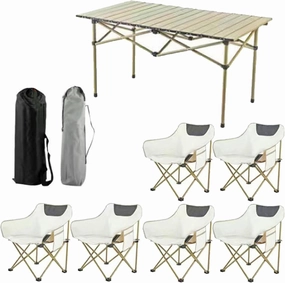 Folding Camping Table with Chairs Set, Portable Picnic Carrying Bag and Aluminum Roll-up Top Lightweight Compact Table, Easy to Assemble