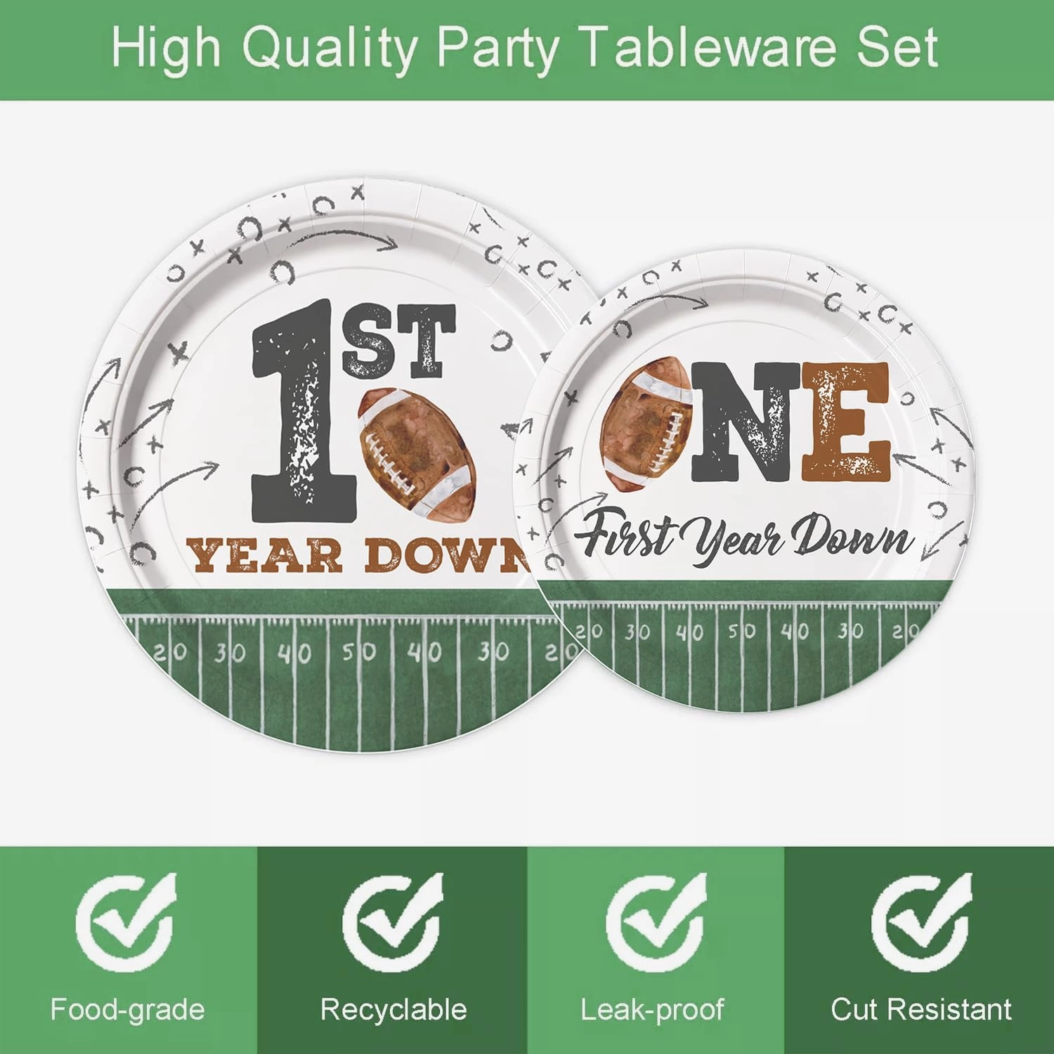 Football First Year Down Birthday Decorations, 168pcs Paper Plates Napkins Set Football Theme Dinnerware Including Plates, Napkins, Cups, Knives, Forks, Spoons for Birthday Party Supplies