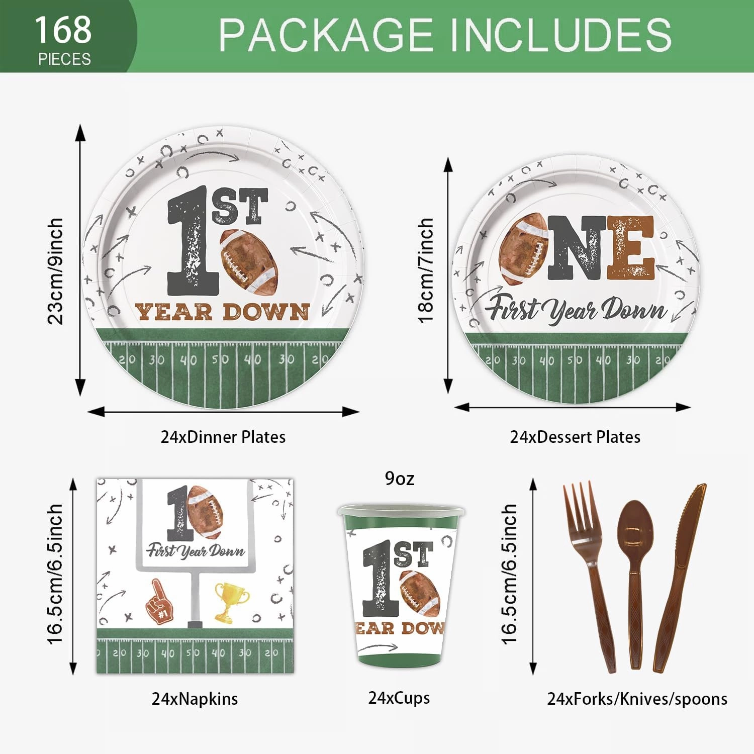 Football First Year Down Birthday Decorations, 168pcs Paper Plates Napkins Set Football Theme Dinnerware Including Plates, Napkins, Cups, Knives, Forks, Spoons for Birthday Party Supplies