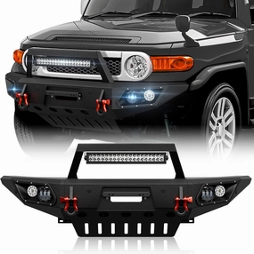 for Cruiser Front Bumper Compatible with 2007 2008 2009 2010 2011 2012 2013 2014 Toyota FJ Cruiser 1st Gen with Winch Plate, Skid Plate, Sensor Holes, LED Lights, License Plate Frame & D-rings