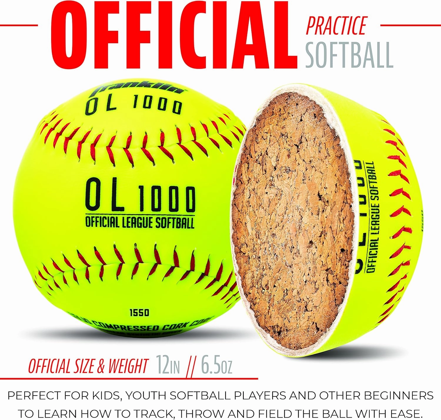 Franklin Sports Practice Softballs - OL1000 Fastpitch 12" Inch Yellow Softballs - Official Size   Weight Practice Balls for Youth   Beginner Players - 1 Pack, 4 Pack   12 Ball Bulk Packs