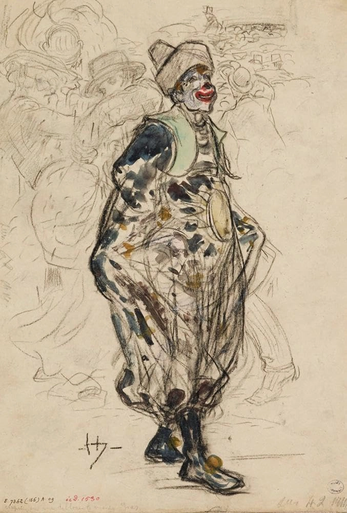 Frédéric Houbron 18x24 Black Modern Framed Art Print Titled: Clown in the Street, One Mardi Gras Day (1895-1905)