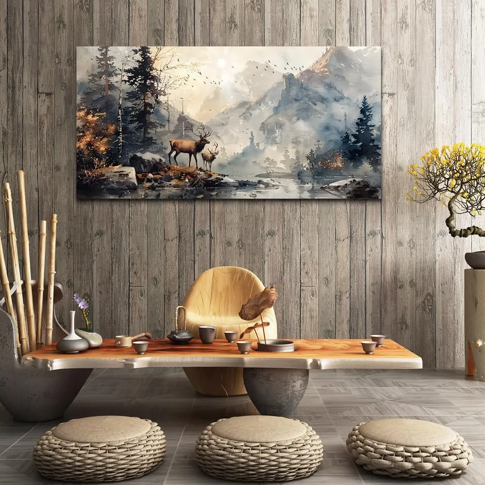 FUHAIHUA Large Wall Decor For Living Room Canvas Wall Art For Office Bedroom Wall Pictures Mountain Forest Landscape Ink Painting Deer Poster Artwork Room Home Decor Modern Aesthetic Mural 30x60 In