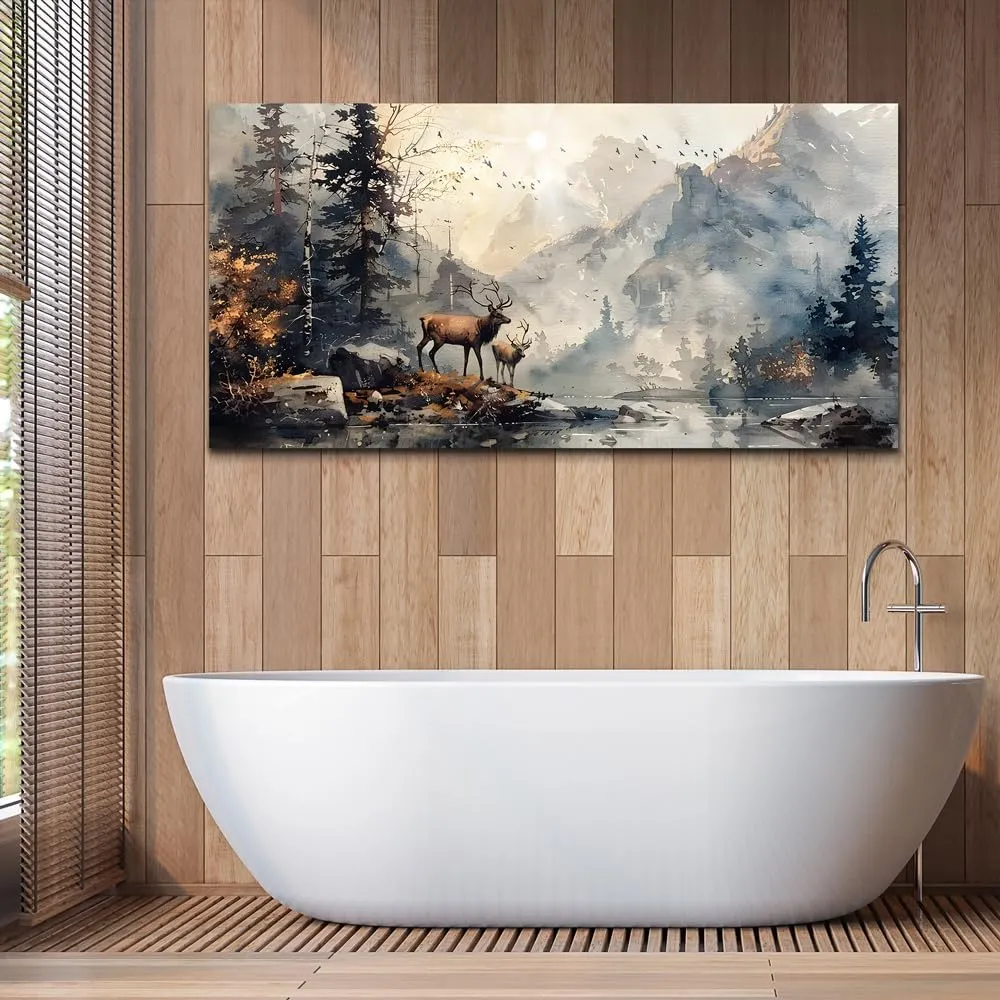 FUHAIHUA Large Wall Decor For Living Room Canvas Wall Art For Office Bedroom Wall Pictures Mountain Forest Landscape Ink Painting Deer Poster Artwork Room Home Decor Modern Aesthetic Mural 30x60 In