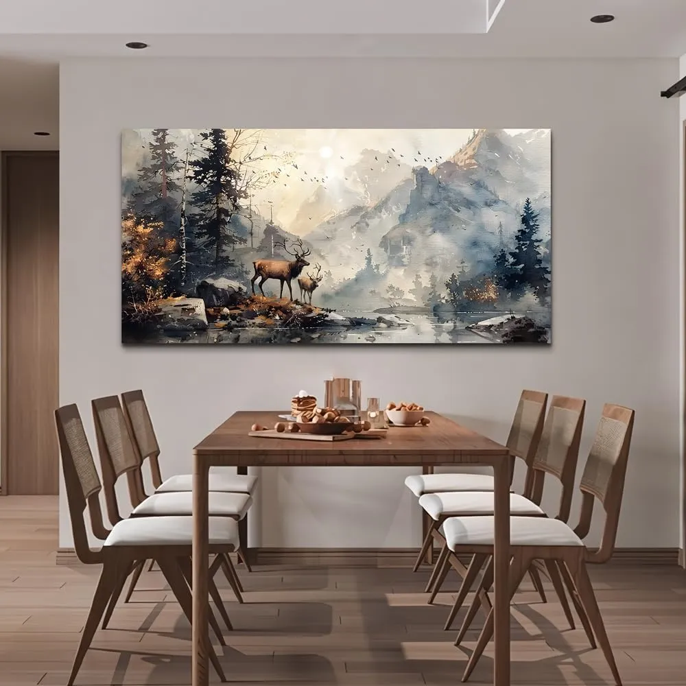 FUHAIHUA Large Wall Decor For Living Room Canvas Wall Art For Office Bedroom Wall Pictures Mountain Forest Landscape Ink Painting Deer Poster Artwork Room Home Decor Modern Aesthetic Mural 30x60 In
