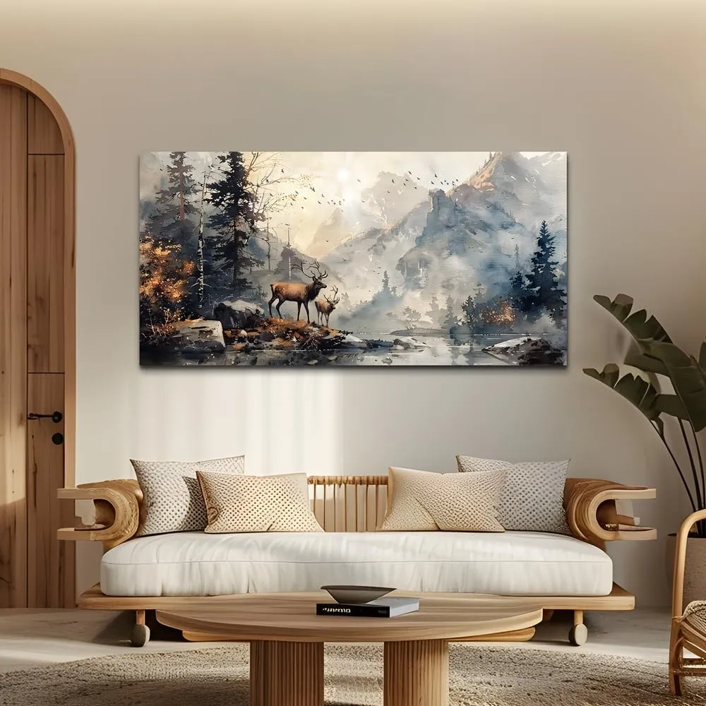 FUHAIHUA Large Wall Decor For Living Room Canvas Wall Art For Office Bedroom Wall Pictures Mountain Forest Landscape Ink Painting Deer Poster Artwork Room Home Decor Modern Aesthetic Mural 30x60 In