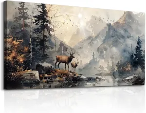 FUHAIHUA Large Wall Decor For Living Room Canvas Wall Art For Office Bedroom Wall Pictures Mountain Forest Landscape Ink Painting Deer Poster Artwork Room Home Decor Modern Aesthetic Mural 30x60 In