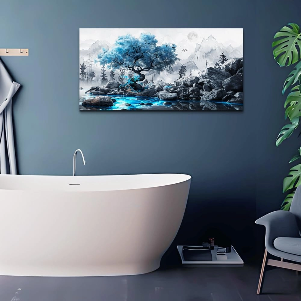FUHUAHAI Canvas Wall Art For Living Room Framed Wall Decor For Bedroom Modern Office Decoration Black And White Ink Landscape Painting Blue Tree Wall Pictures Artwork Ready To Hang Home Decor 20x40
