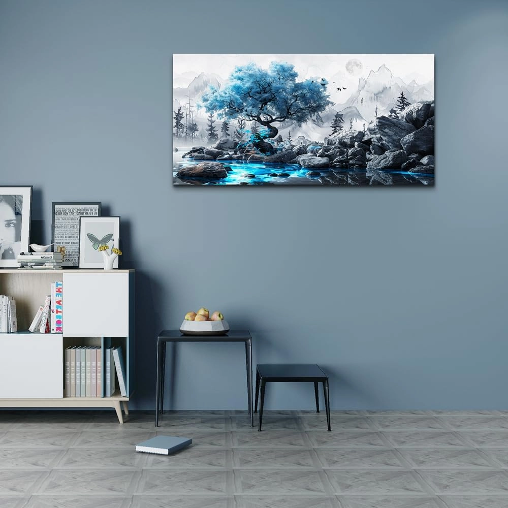 FUHUAHAI Canvas Wall Art For Living Room Framed Wall Decor For Bedroom Modern Office Decoration Black And White Ink Landscape Painting Blue Tree Wall Pictures Artwork Ready To Hang Home Decor 20x40