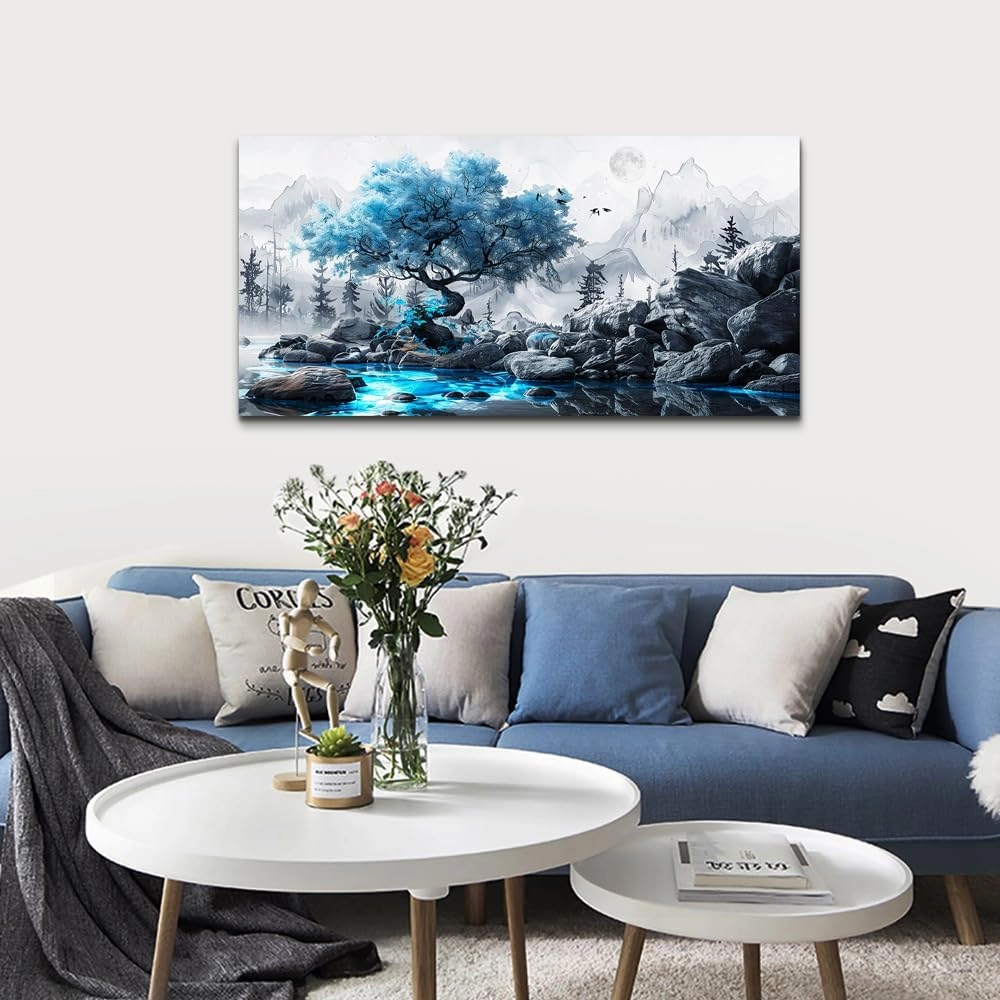 FUHUAHAI Canvas Wall Art For Living Room Framed Wall Decor For Bedroom Modern Office Decoration Black And White Ink Landscape Painting Blue Tree Wall Pictures Artwork Ready To Hang Home Decor 20x40