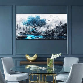 FUHUAHAI Canvas Wall Art For Living Room Framed Wall Decor For Bedroom Modern Office Decoration Black And White Ink Landscape Painting Blue Tree Wall Pictures Artwork Ready To Hang Home Decor 20x40