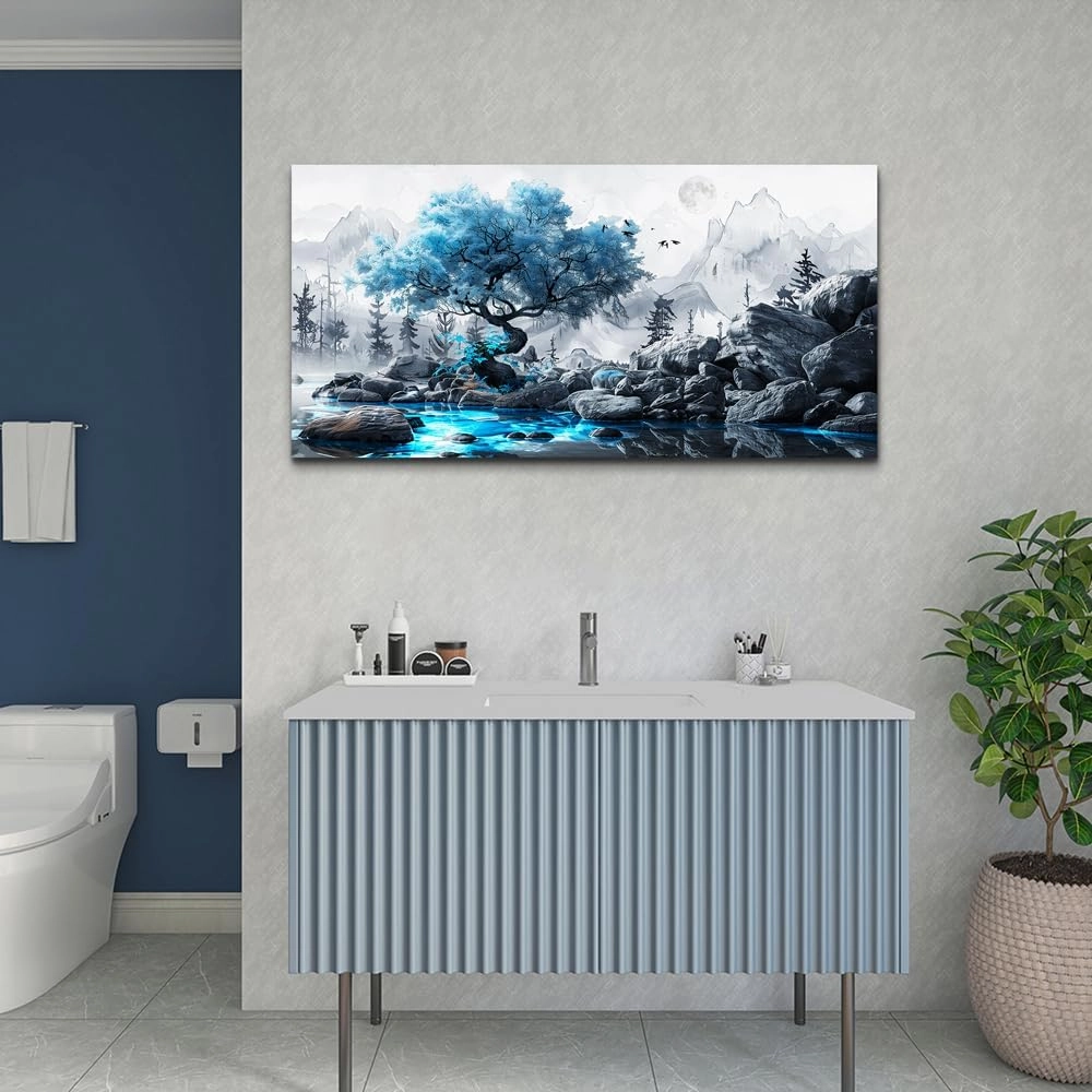 FUHUAHAI Canvas Wall Art For Living Room Framed Wall Decor For Bedroom Modern Office Decoration Black And White Ink Landscape Painting Blue Tree Wall Pictures Artwork Ready To Hang Home Decor 20x40