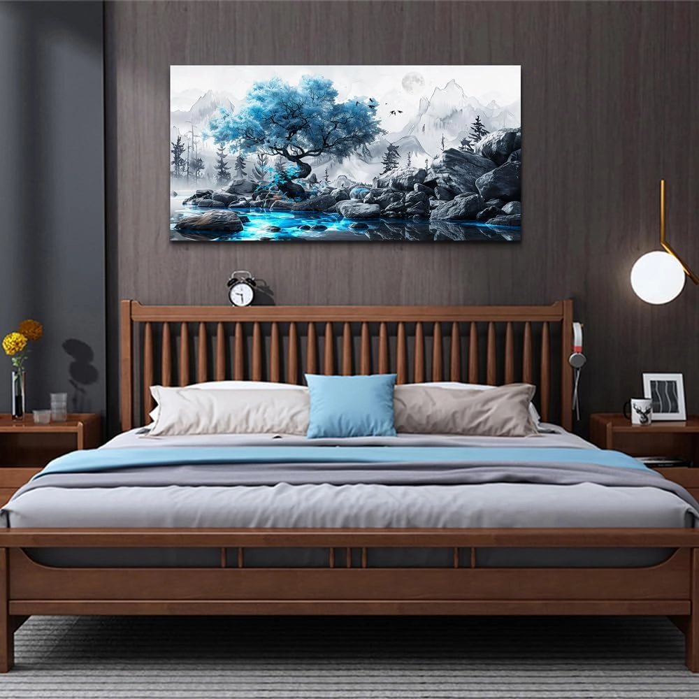 FUHUAHAI Canvas Wall Art For Living Room Framed Wall Decor For Bedroom Modern Office Decoration Black And White Ink Landscape Painting Blue Tree Wall Pictures Artwork Ready To Hang Home Decor 20x40