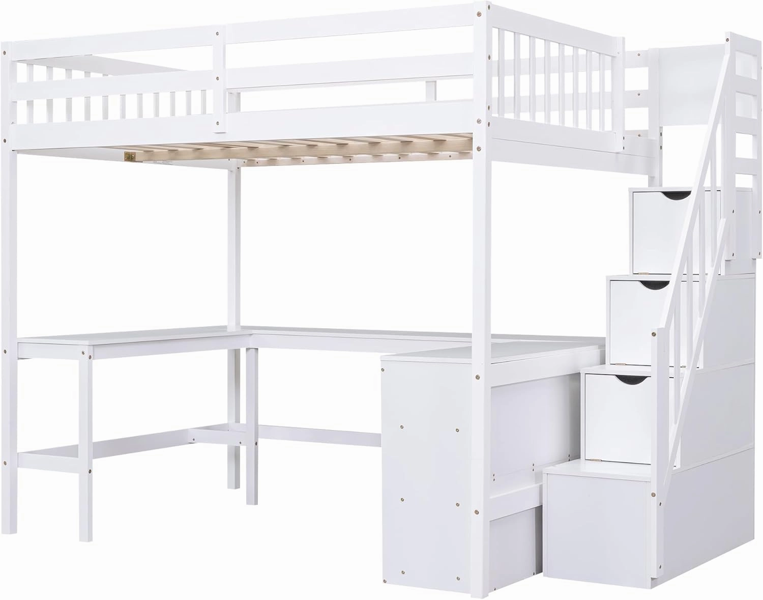 Full Size Loft Bed with Stairs and Desk, Wood Loft Beds with Storage Staircase, High Loft Bed Frame with Bookcase Shelves & L-Shape Desk for Kids, Teen, Boys, Girls, White
