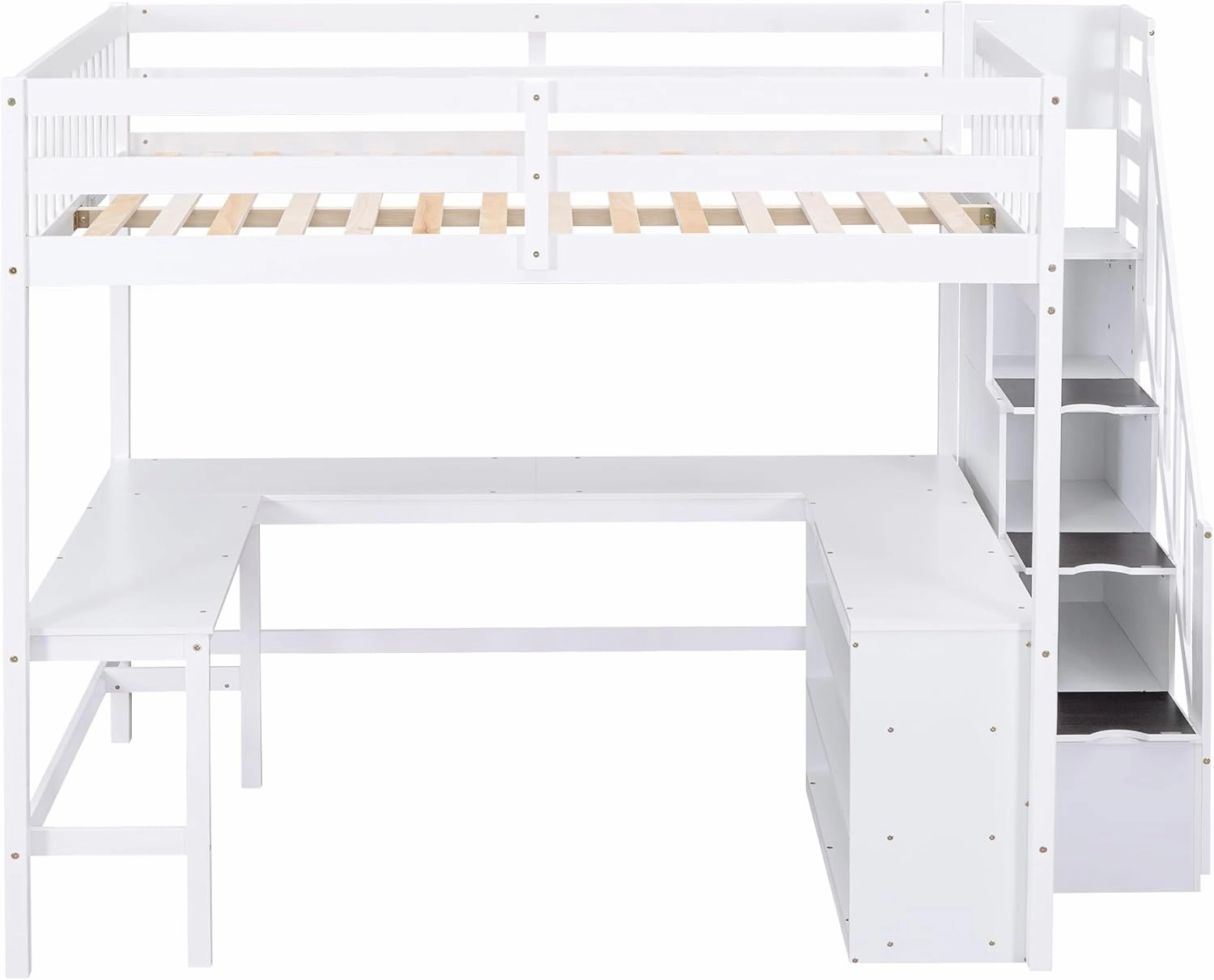 Full Size Loft Bed with Stairs and Desk, Wood Loft Beds with Storage Staircase, High Loft Bed Frame with Bookcase Shelves & L-Shape Desk for Kids, Teen, Boys, Girls, White