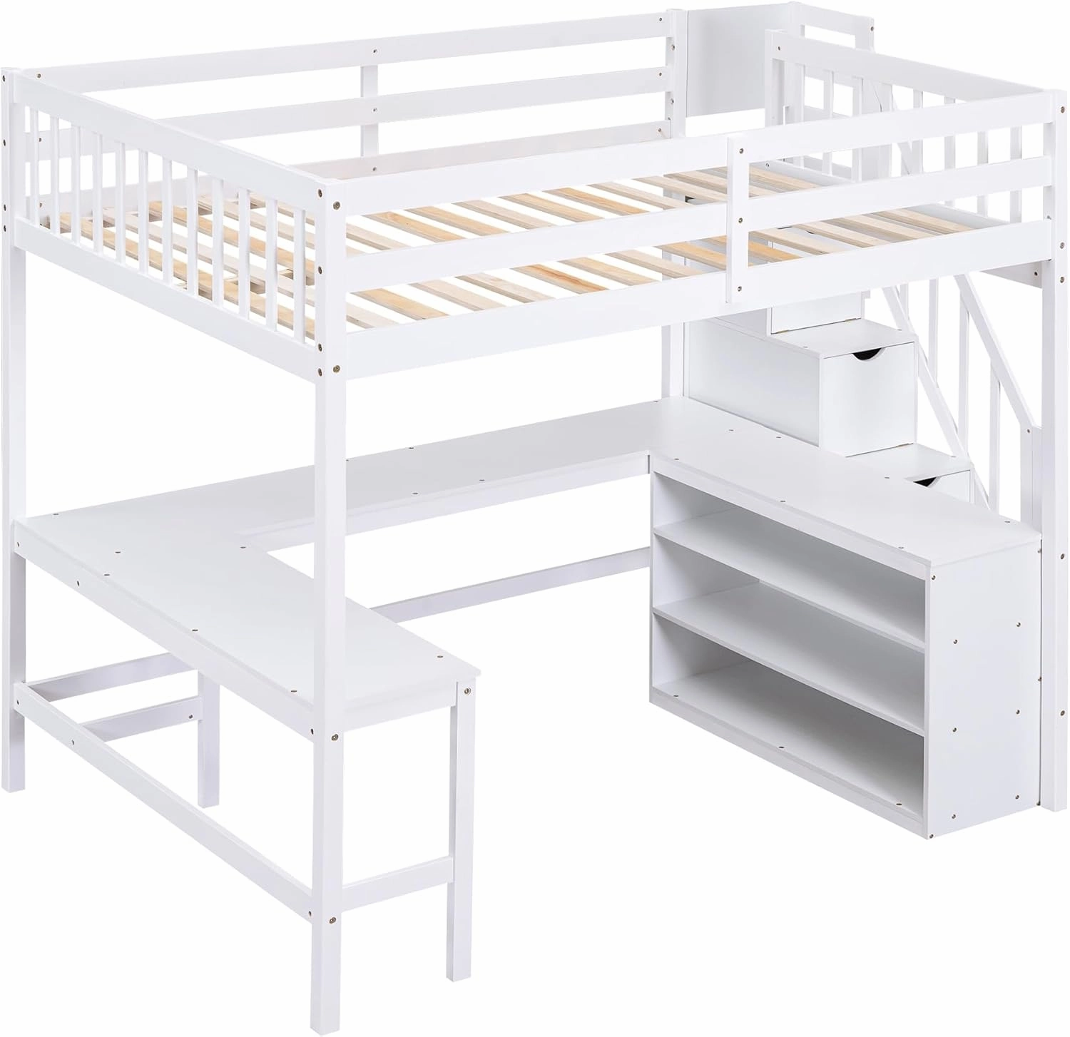 Full Size Loft Bed with Stairs and Desk, Wood Loft Beds with Storage Staircase, High Loft Bed Frame with Bookcase Shelves & L-Shape Desk for Kids, Teen, Boys, Girls, White