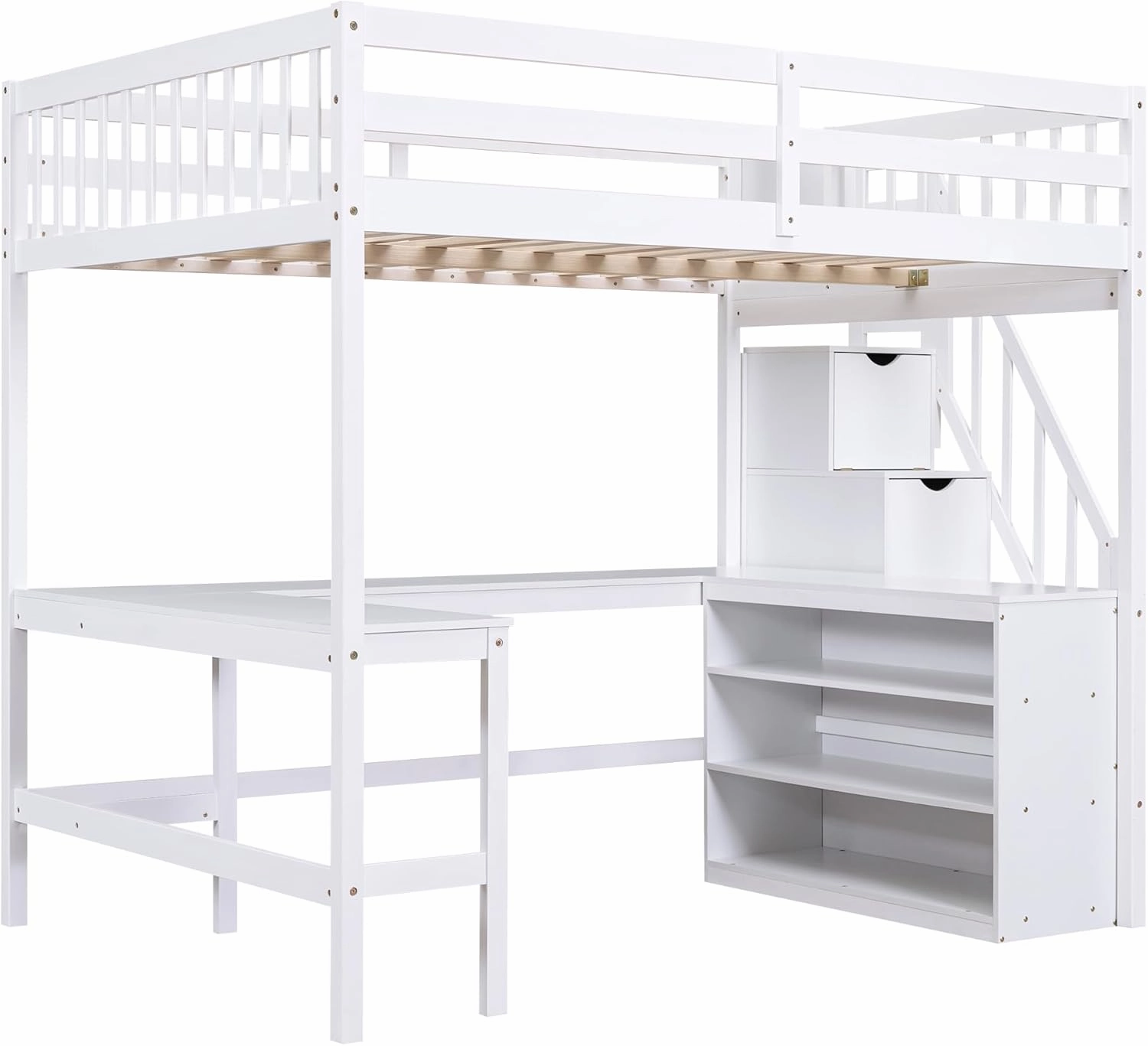 Full Size Loft Bed with Stairs and Desk, Wood Loft Beds with Storage Staircase, High Loft Bed Frame with Bookcase Shelves & L-Shape Desk for Kids, Teen, Boys, Girls, White