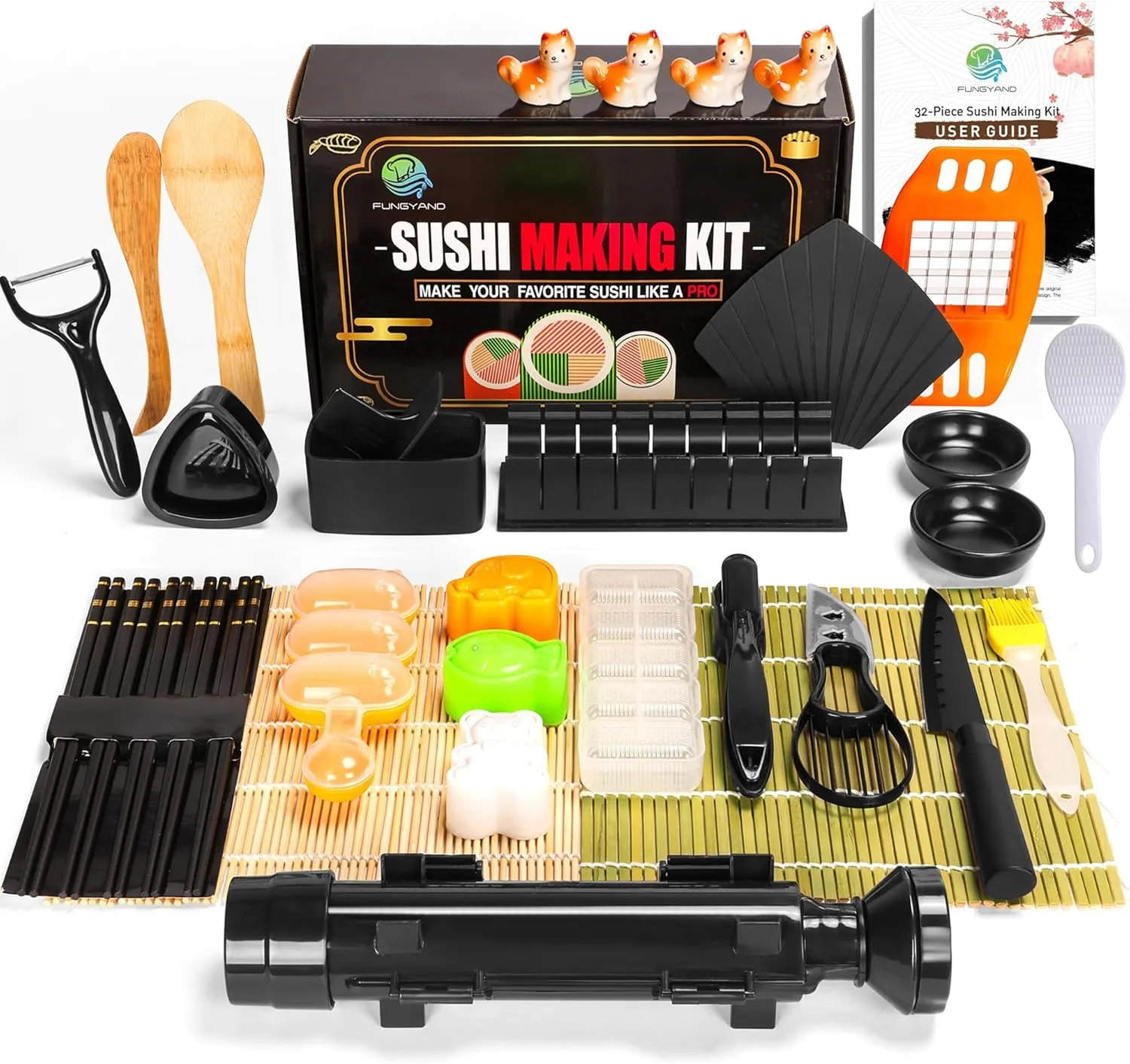 FUNGYAND Sushi Making Kit, 32-in-1 Complete Set with Bazooka Roller, Nigiri & Musubi Presses, Bamboo Mats, Knife, Peeler, Animal Rice Molds, Chopsticks & More – Perfect for Family Fun