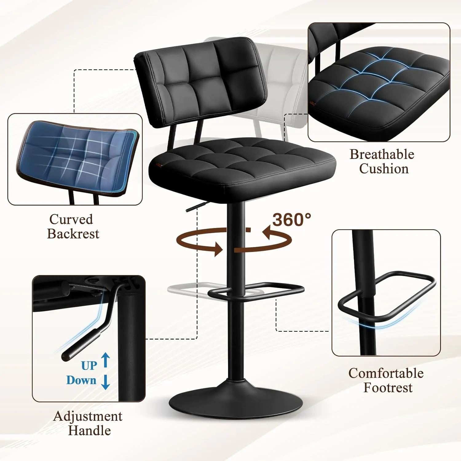 Furniliving Upholstered Bar Stools Set of 2, Faux Leather Swivel Bar Stools with Back, Adjustable Counter Height Barstools for Kitchen Island, Dining Space, Black