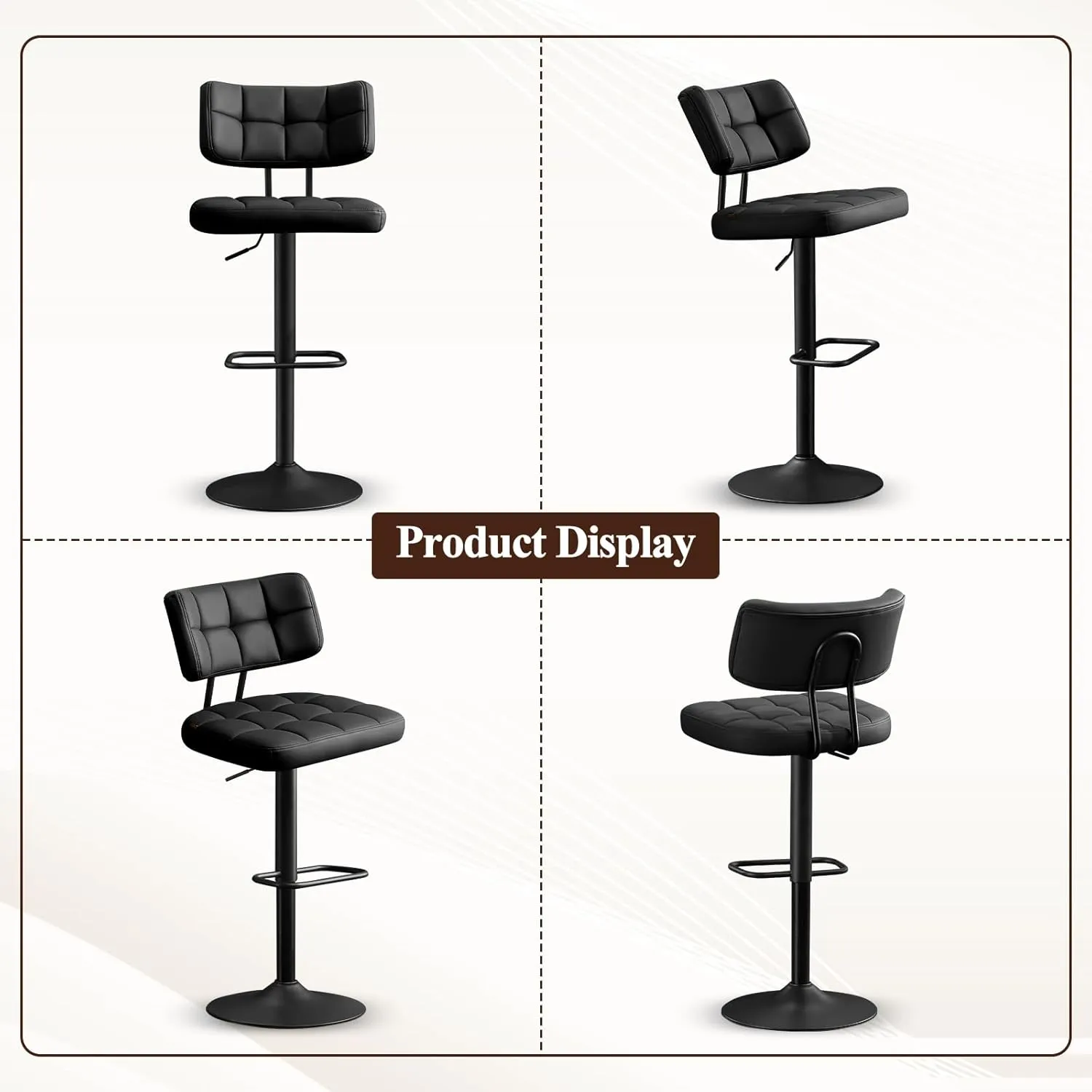 Furniliving Upholstered Bar Stools Set of 2, Faux Leather Swivel Bar Stools with Back, Adjustable Counter Height Barstools for Kitchen Island, Dining Space, Black