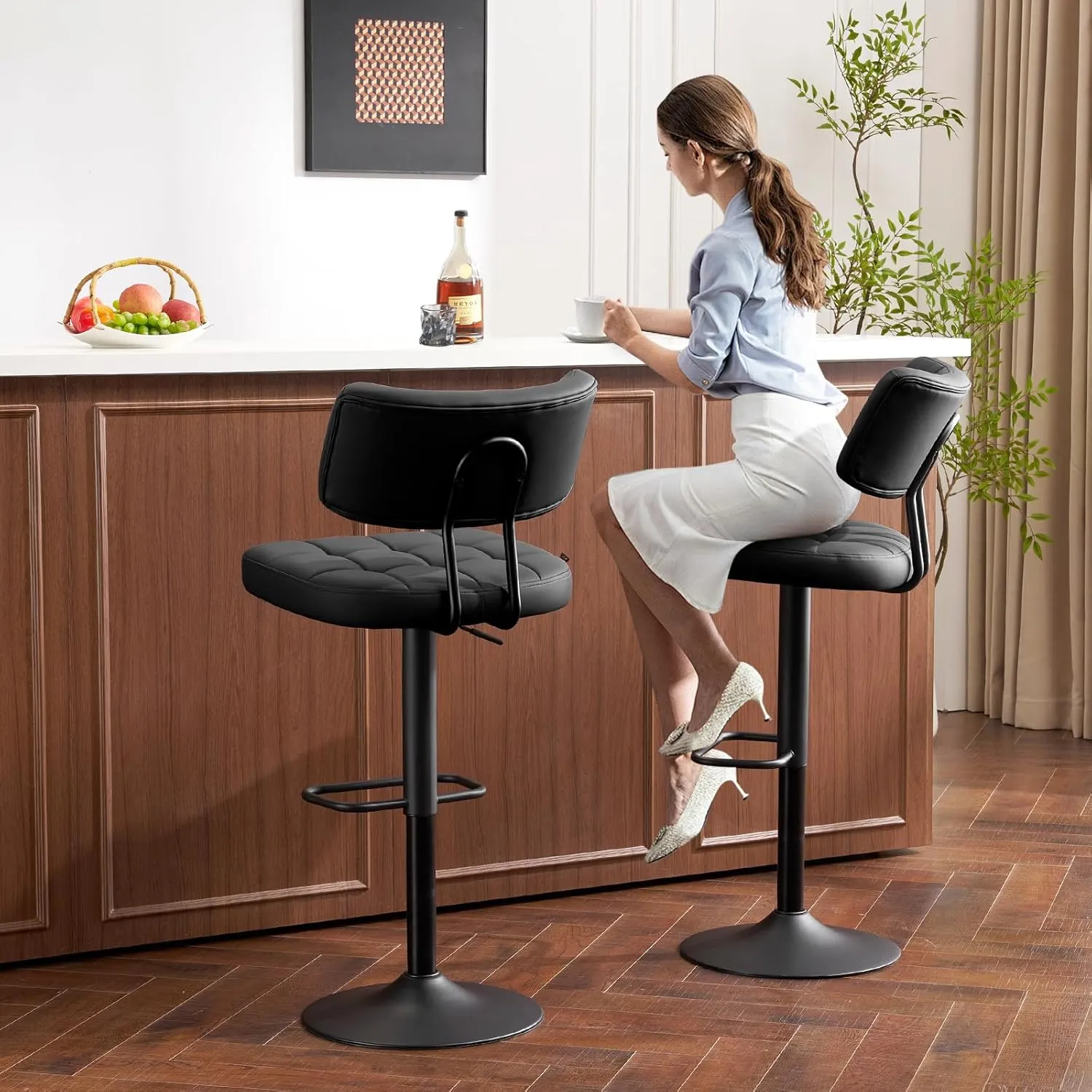 Furniliving Upholstered Bar Stools Set of 2, Faux Leather Swivel Bar Stools with Back, Adjustable Counter Height Barstools for Kitchen Island, Dining Space, Black