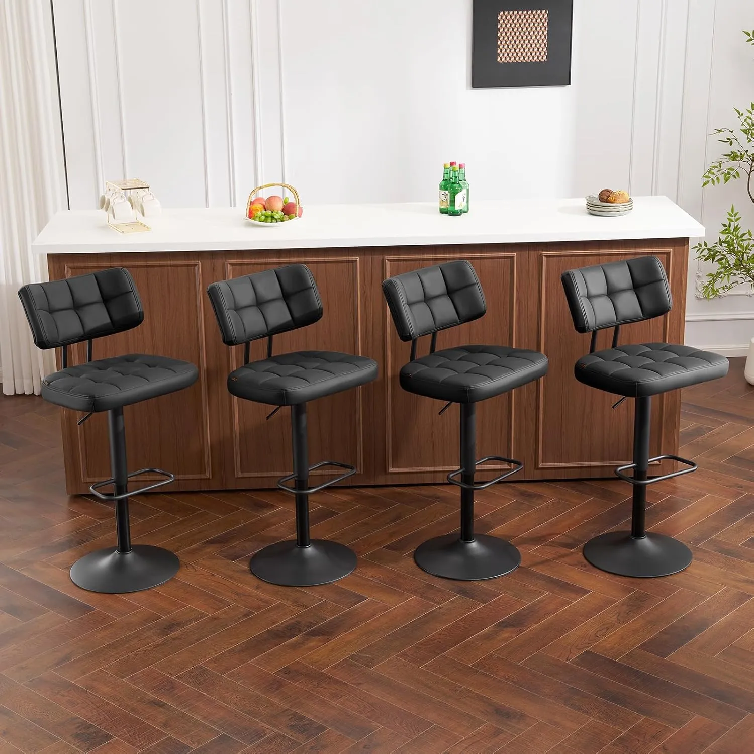 Furniliving Upholstered Bar Stools Set of 2, Faux Leather Swivel Bar Stools with Back, Adjustable Counter Height Barstools for Kitchen Island, Dining Space, Black
