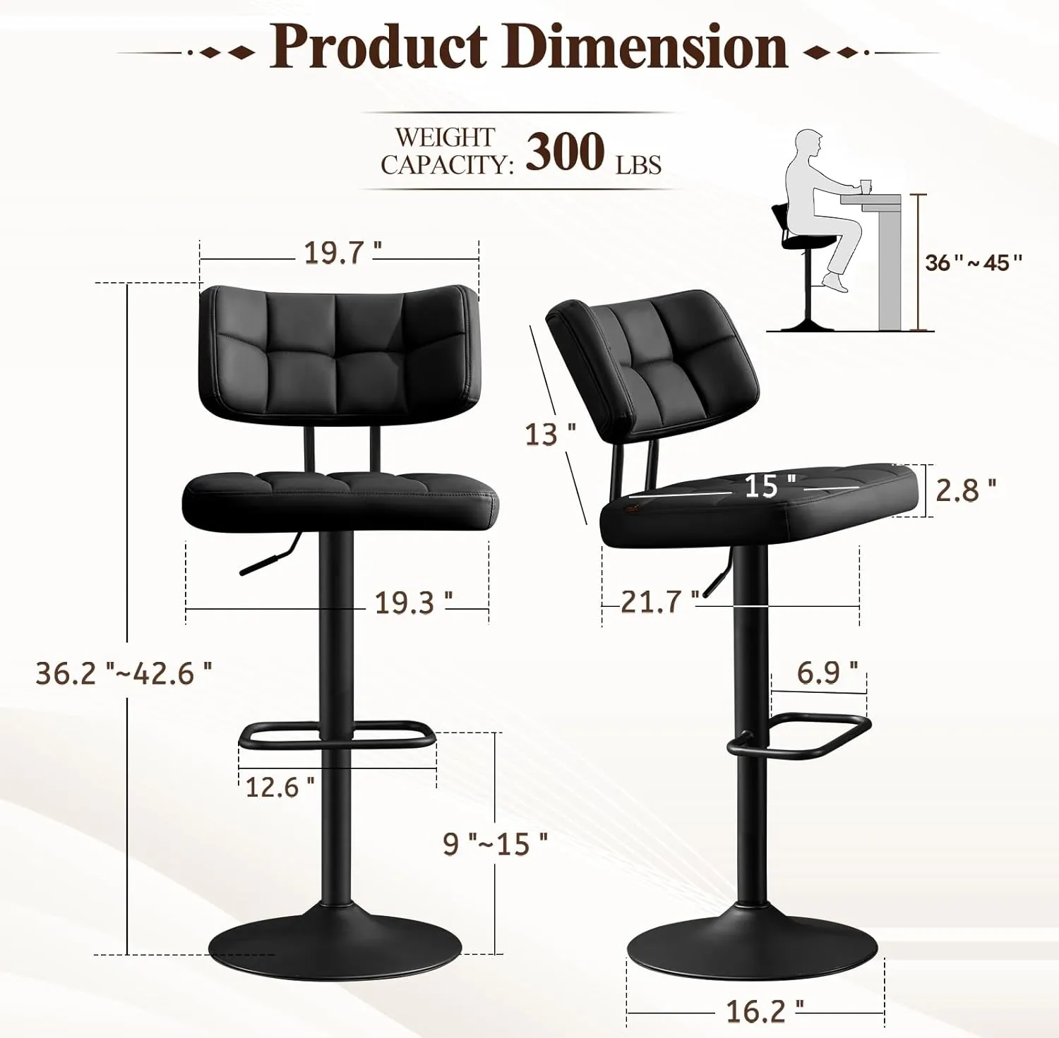 Furniliving Upholstered Bar Stools Set of 2, Faux Leather Swivel Bar Stools with Back, Adjustable Counter Height Barstools for Kitchen Island, Dining Space, Black