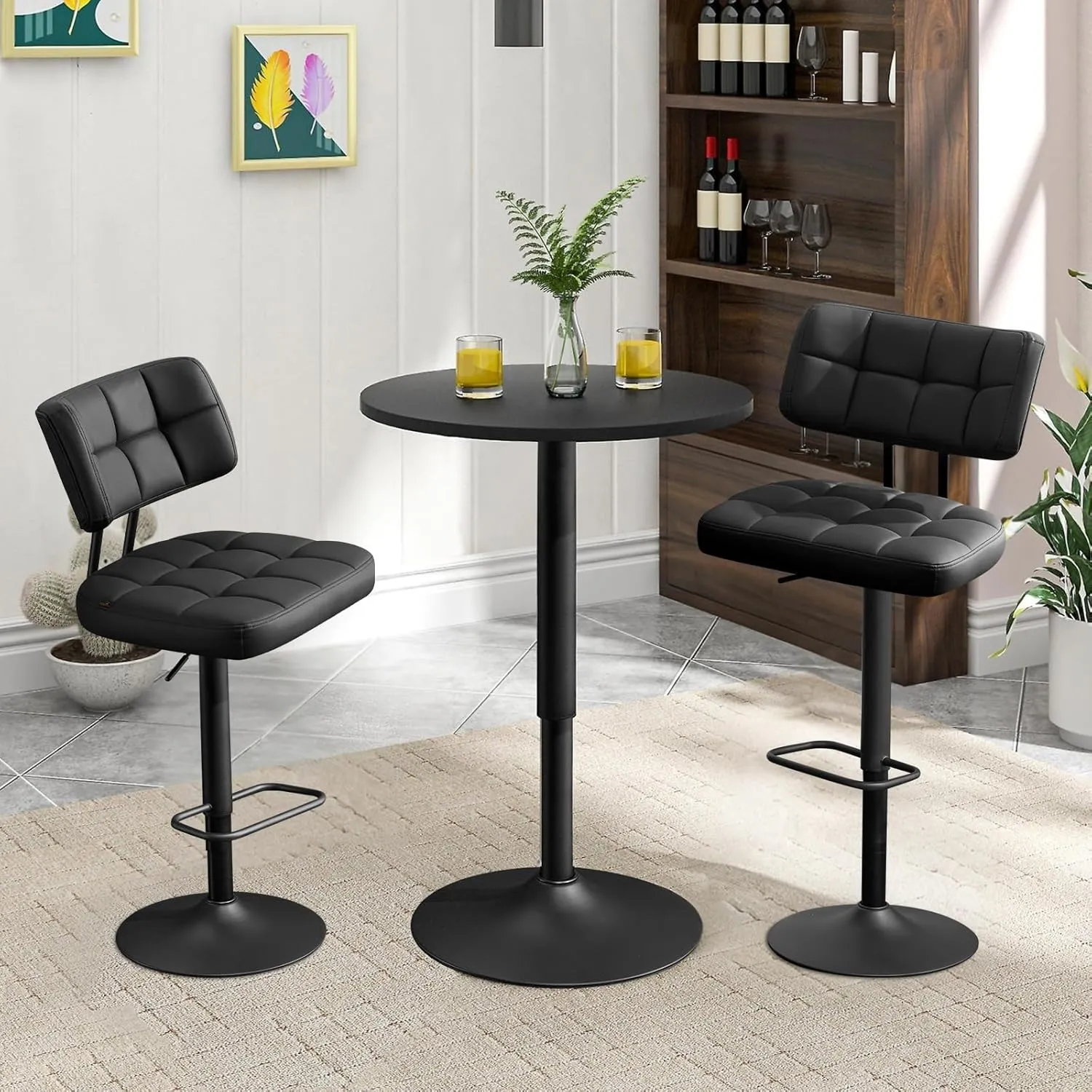 Furniliving Upholstered Bar Stools Set of 2, Faux Leather Swivel Bar Stools with Back, Adjustable Counter Height Barstools for Kitchen Island, Dining Space, Black