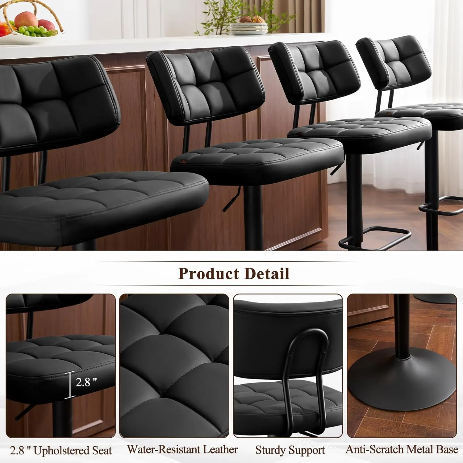 Furniliving Upholstered Bar Stools Set of 2, Faux Leather Swivel Bar Stools with Back, Adjustable Counter Height Barstools for Kitchen Island, Dining Space, Black