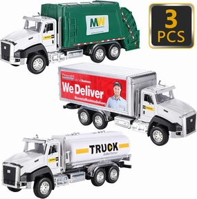 G.C 3 Pack Diecast Transport Vehicles Set - Garbage Truck, Tanker, Delivery Truck 1:50 Scale Pull Back Metal Model Car Toys for Boys