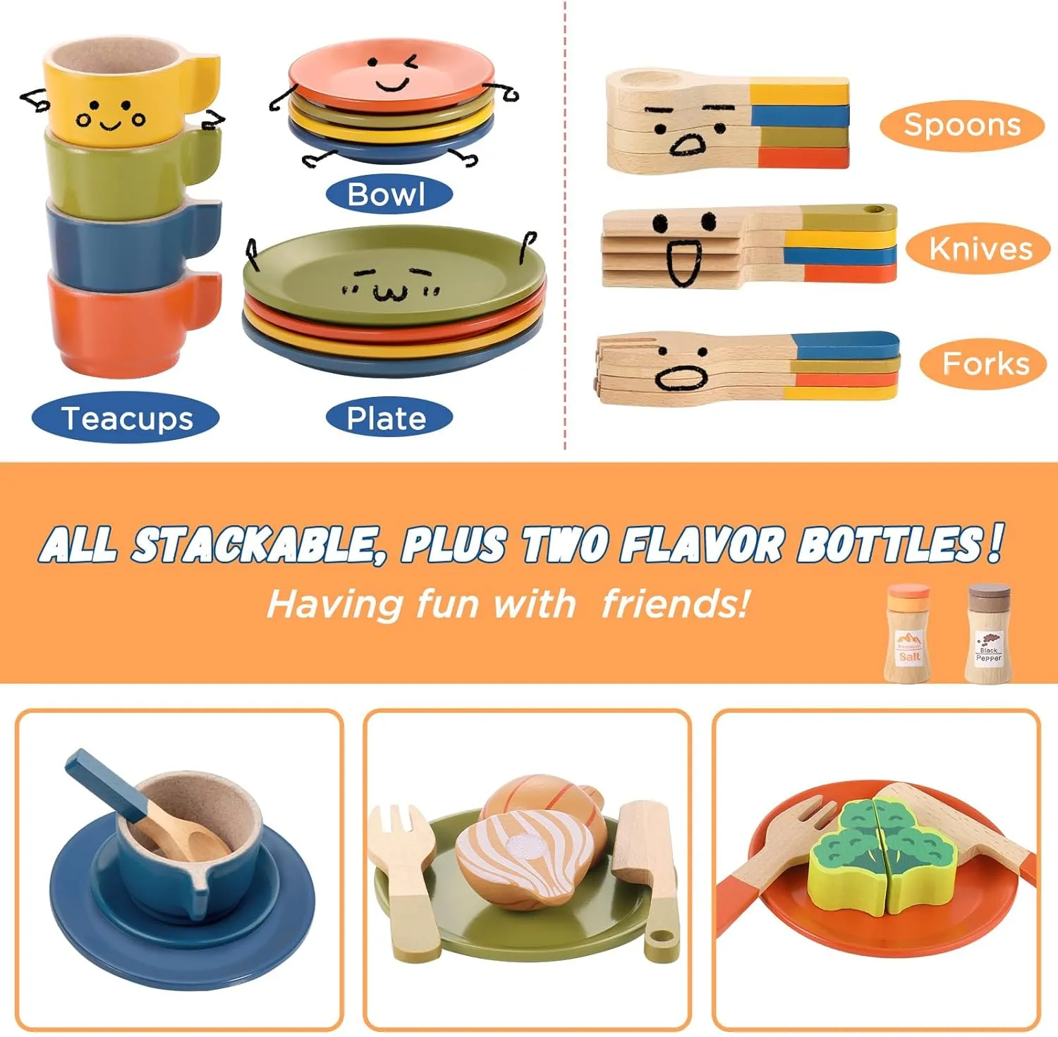GAGAKU Wooden Play Food Sets for Kids Kitchen, Montessori Wooden Play Food Toys with Plates and Dishes for Toddler Boys & Girls Gifts