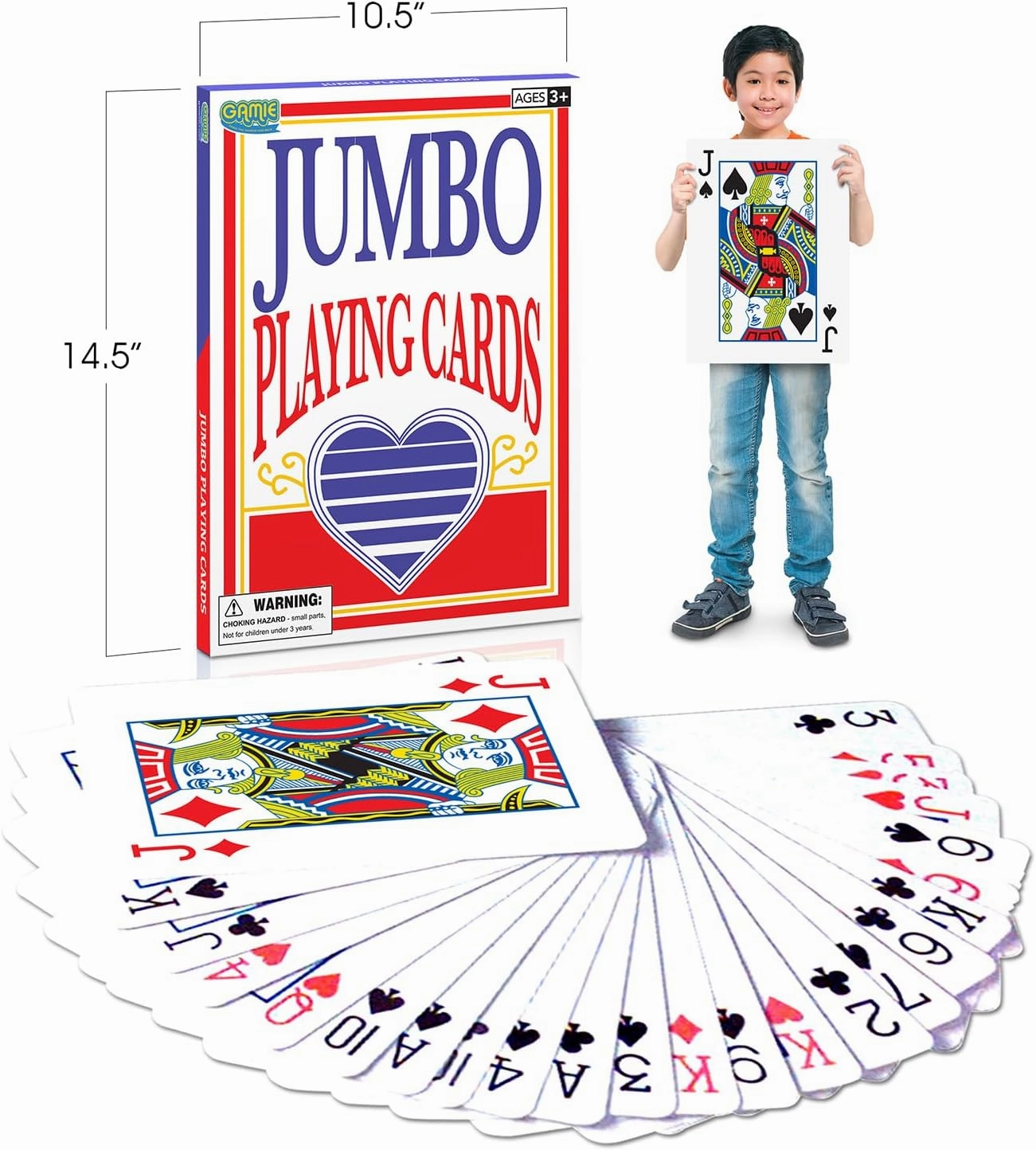 Gamie Giant Poker Jumbo Playing Cards, 10.5 Inches X 14.5 Inches, Extra Large Playing Cards Set with 2 Jokers, Huge Casino Game Cards for Kids and Adults, Oversize Poker Party Decorations - Blue Deck