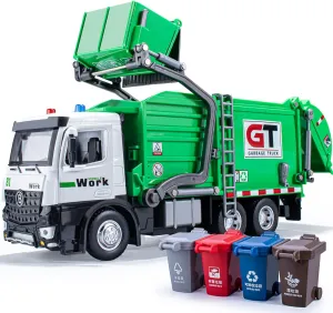 Garbage Truck Toys Metal Cab, Realistic Trash Truck Toys for Boys Kids with Lights and Sounds, Friction Powered Recycling Vehicles, Front Loader with Dumpster, 4 Trash Bins, 12"